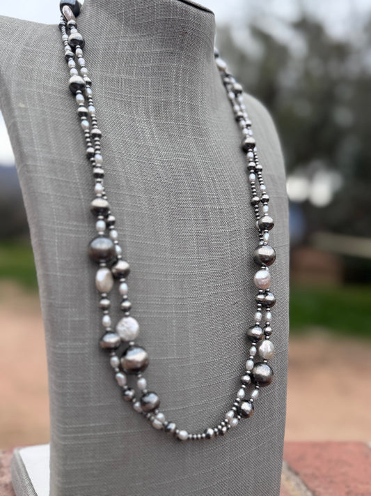 Handcrafted Freshwater Pearl & Sterling Silver Pearl 3-14mm Beaded Necklace 58"