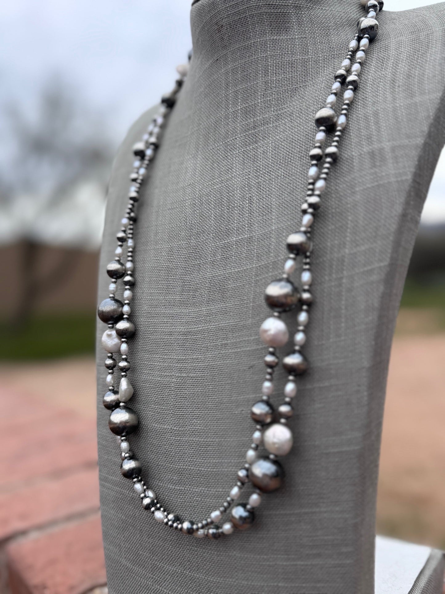 Handcrafted Freshwater Pearl & Sterling Silver Pearl 3-14mm Beaded Necklace 58"