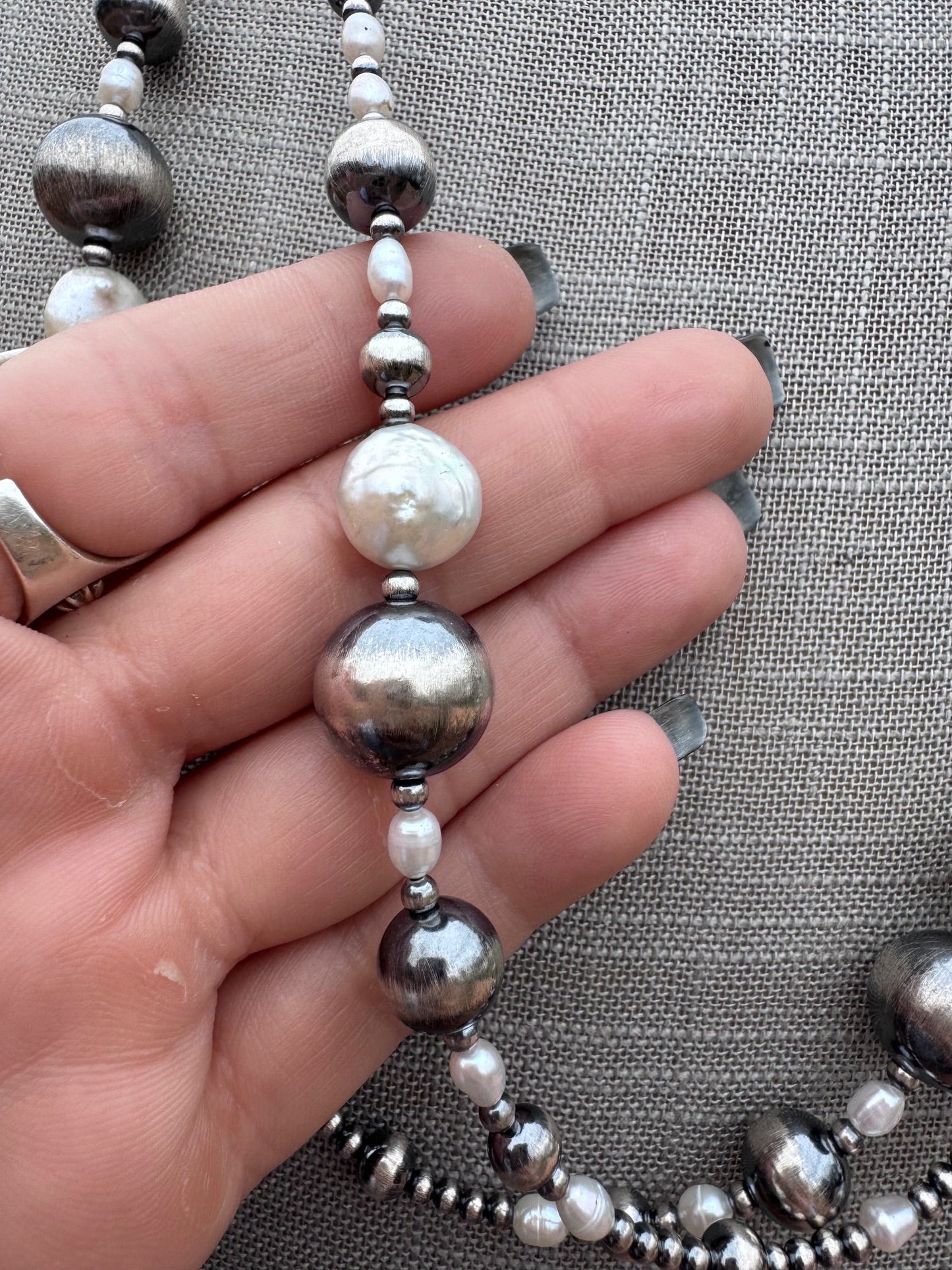 Handcrafted Freshwater Pearl & Sterling Silver Pearl 3-14mm Beaded Necklace 58"