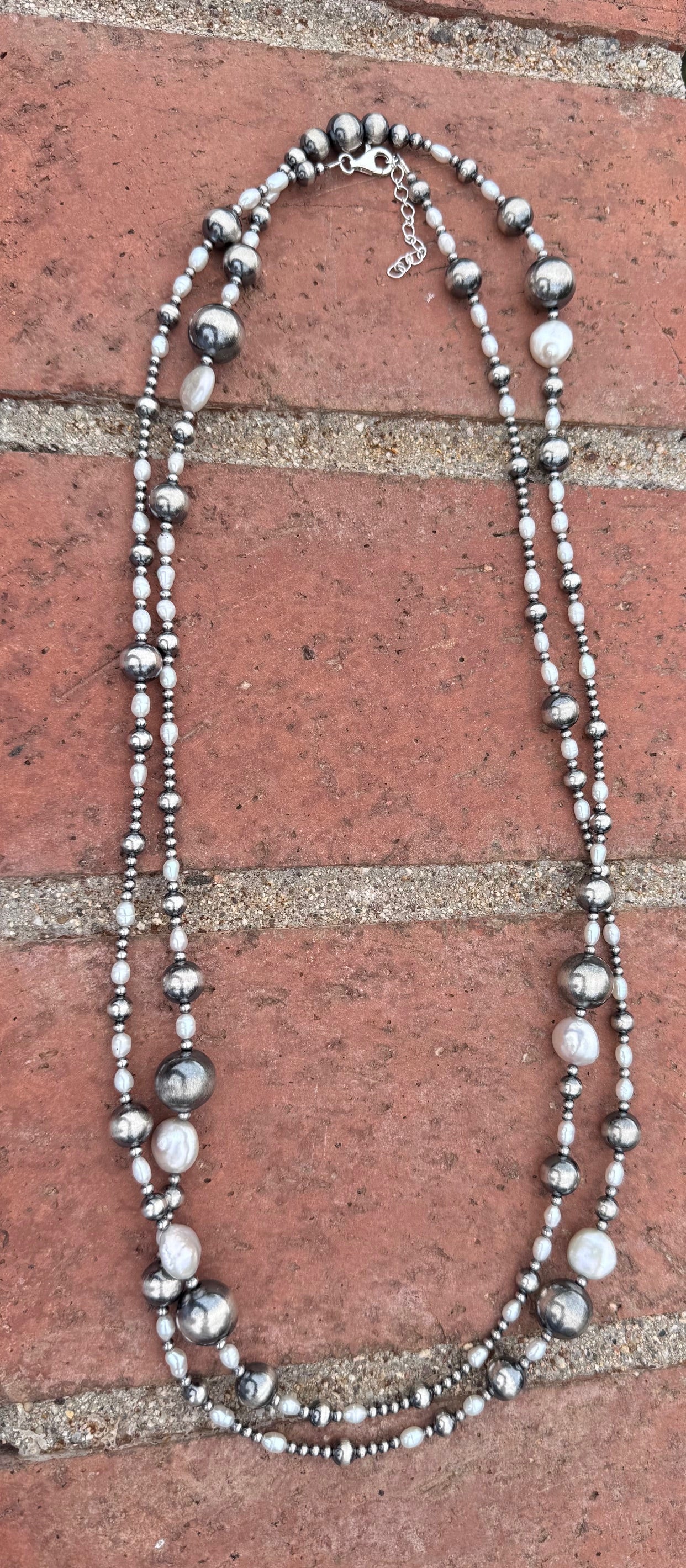 Handcrafted Freshwater Pearl & Sterling Silver Pearl 3-14mm Beaded Necklace 58"