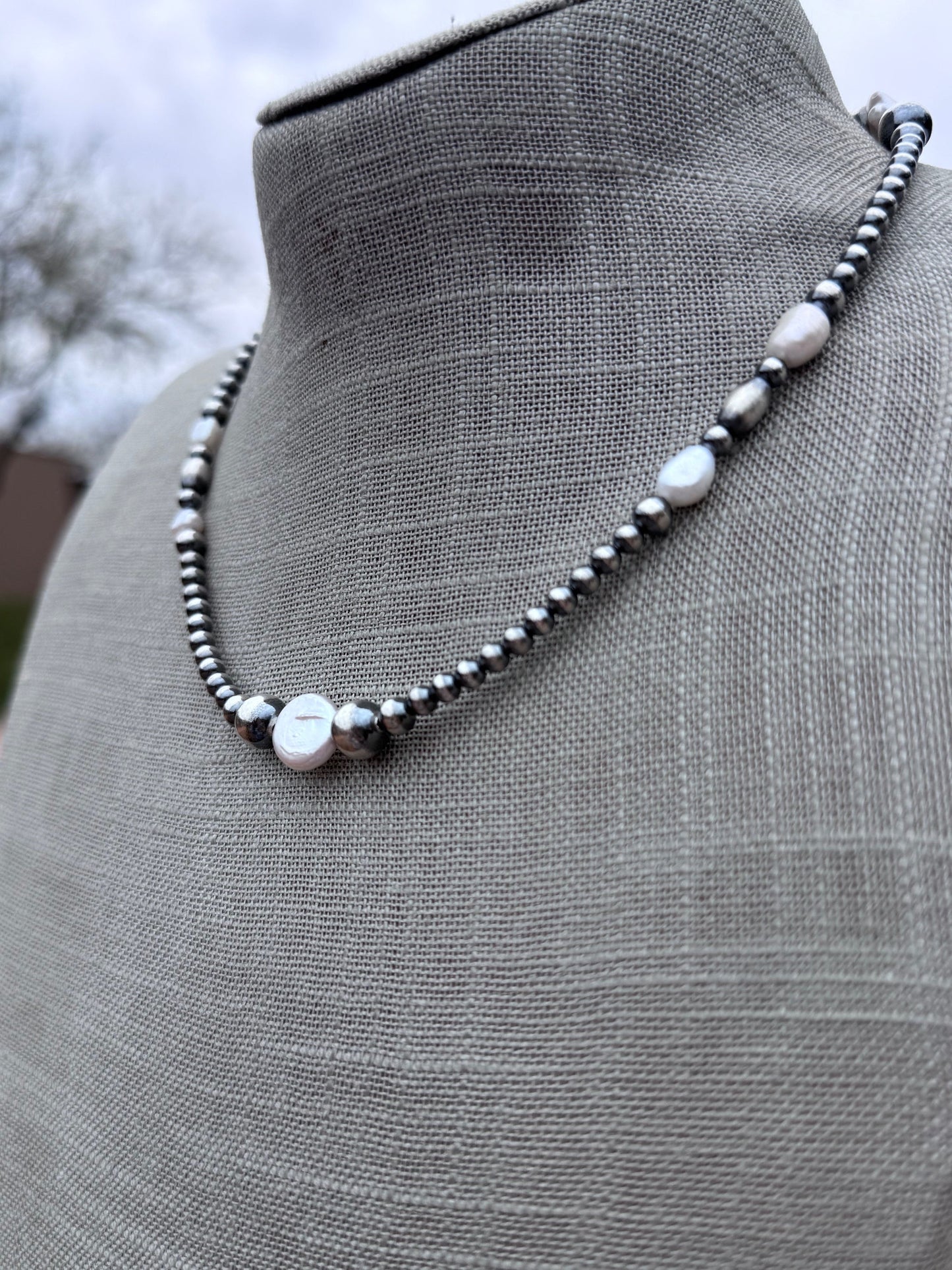 Handcrafted Freshwater Pearl & Sterling Silver Pearl 4-8mm Beaded Necklace 16"