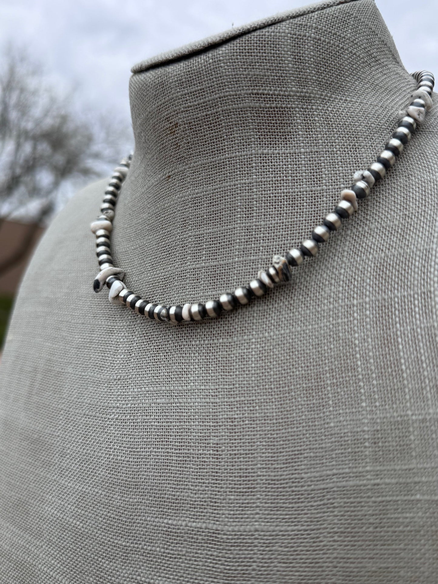 Handcrafted Sterling Silver & White Buffalo 5mm Beaded Necklace 15.5"