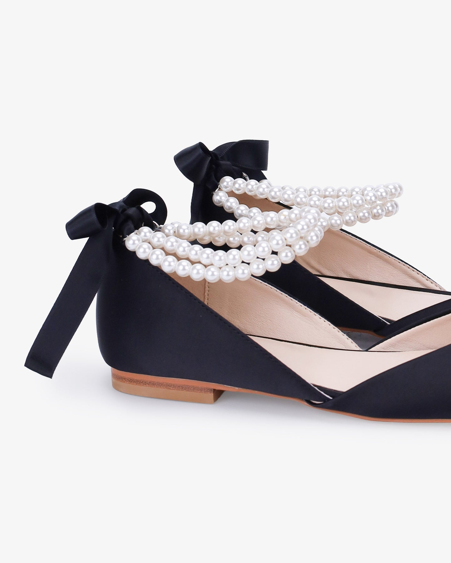 Satin Round Toe Evening Flat with Double Pearls Ankle Strap