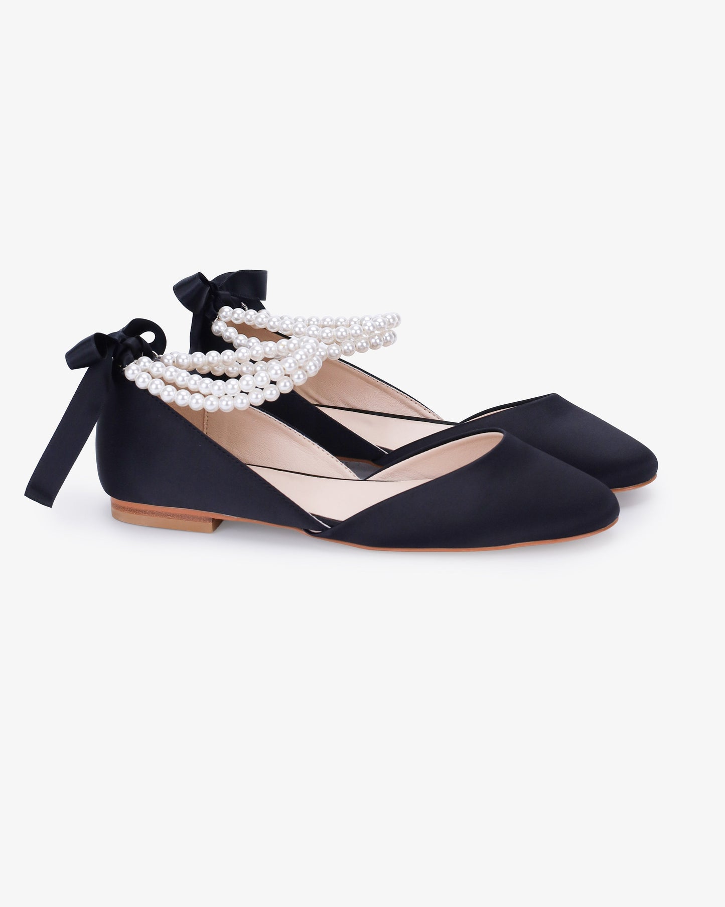 Satin Round Toe Evening Flat with Double Pearls Ankle Strap