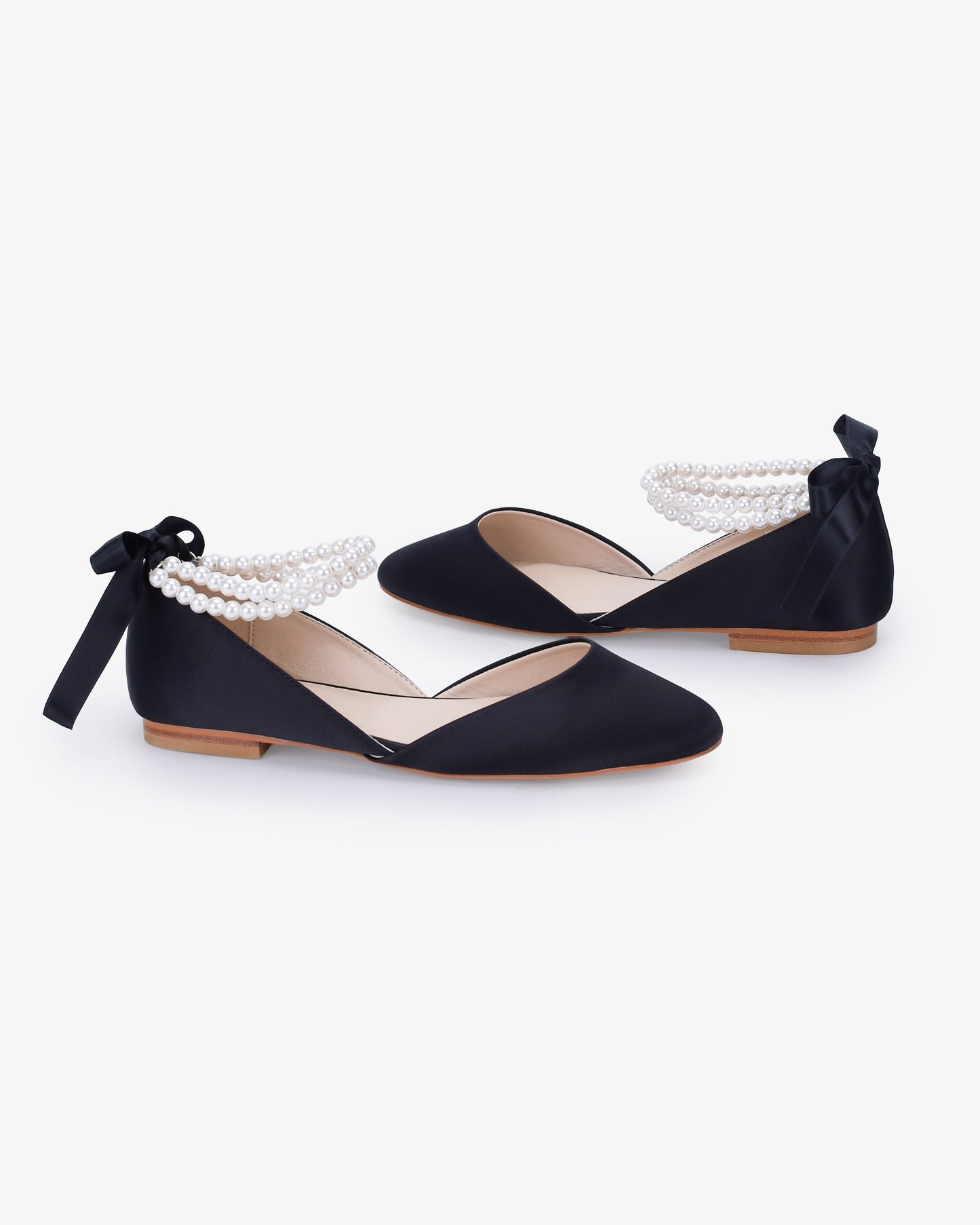 Satin Round Toe Evening Flat with Double Pearls Ankle Strap