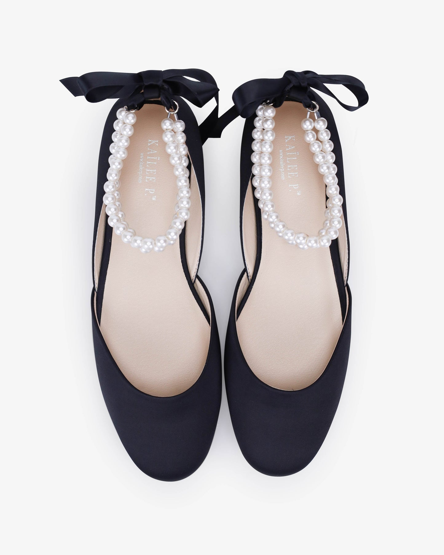 Satin Round Toe Evening Flat with Double Pearls Ankle Strap