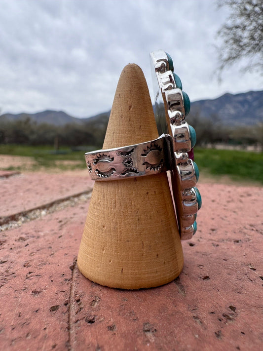 Beautiful Handmade Turquoise, Pink Tigers Eye And Sterling Silver Adjustable Ring Signed Nizhoni