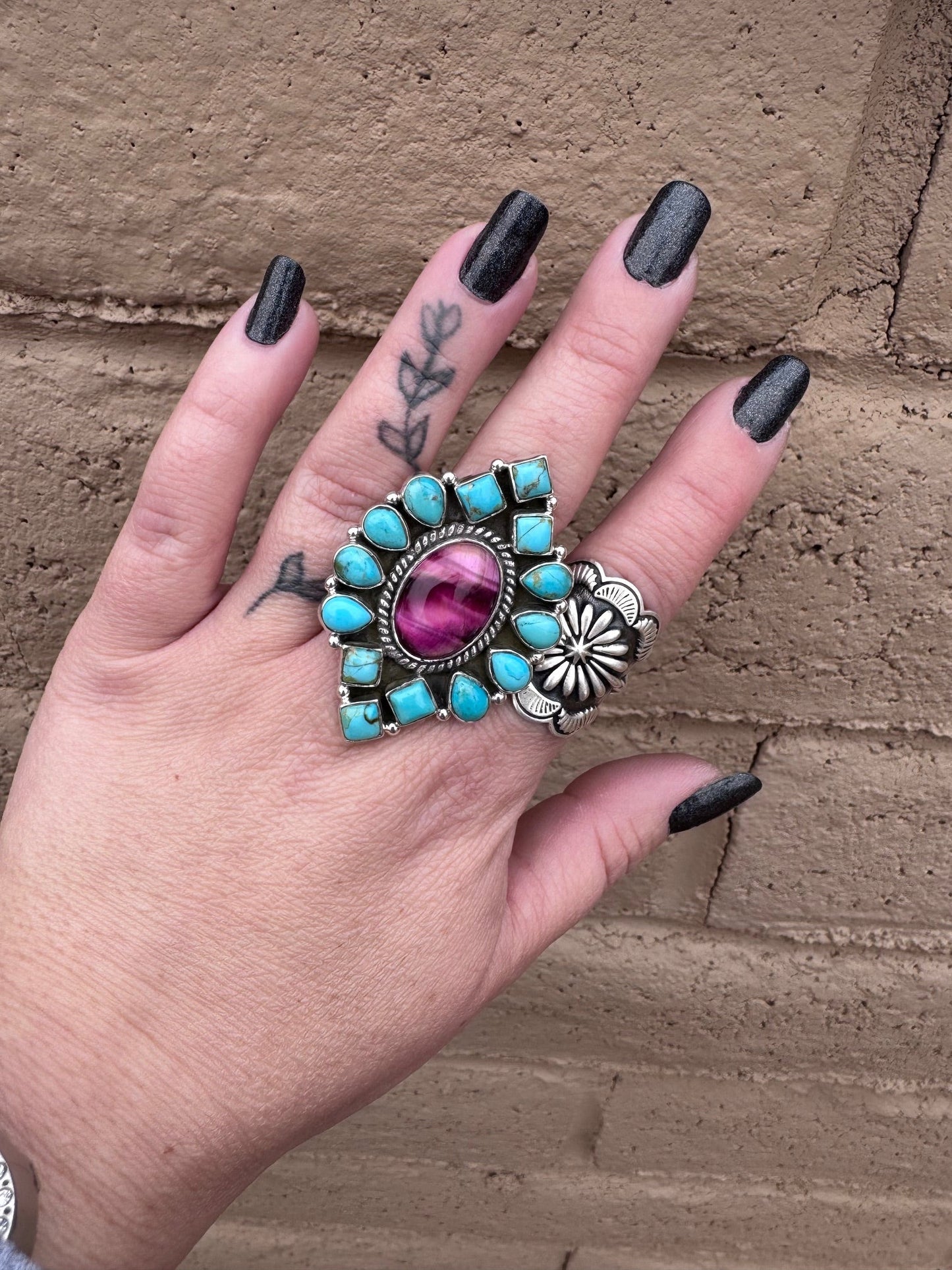 Beautiful Handmade Turquoise, Pink Tigers Eye And Sterling Silver Adjustable Ring Signed Nizhoni