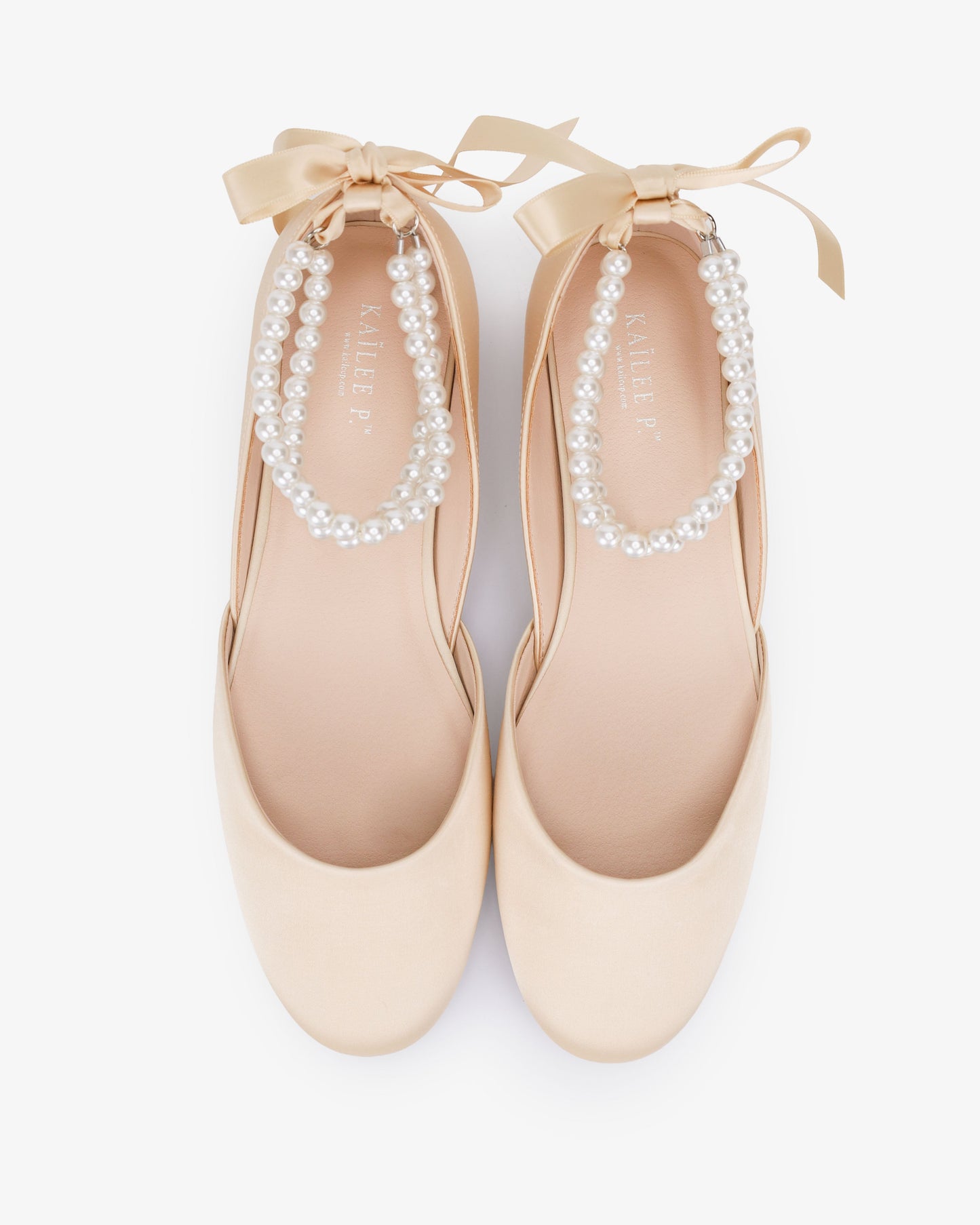 Satin Round Toe Evening Flat with Double Pearls Ankle Strap