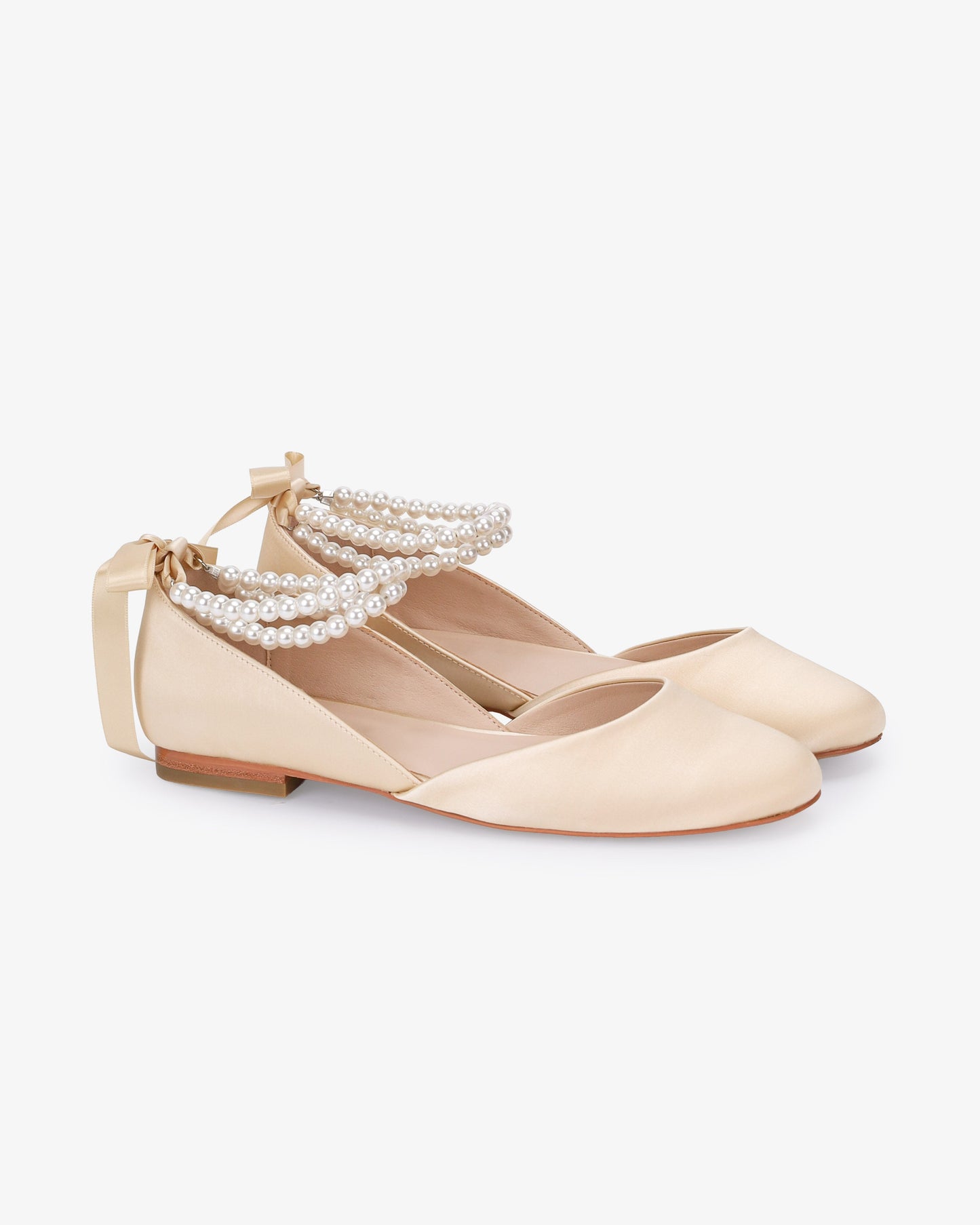 Satin Round Toe Evening Flat with Double Pearls Ankle Strap