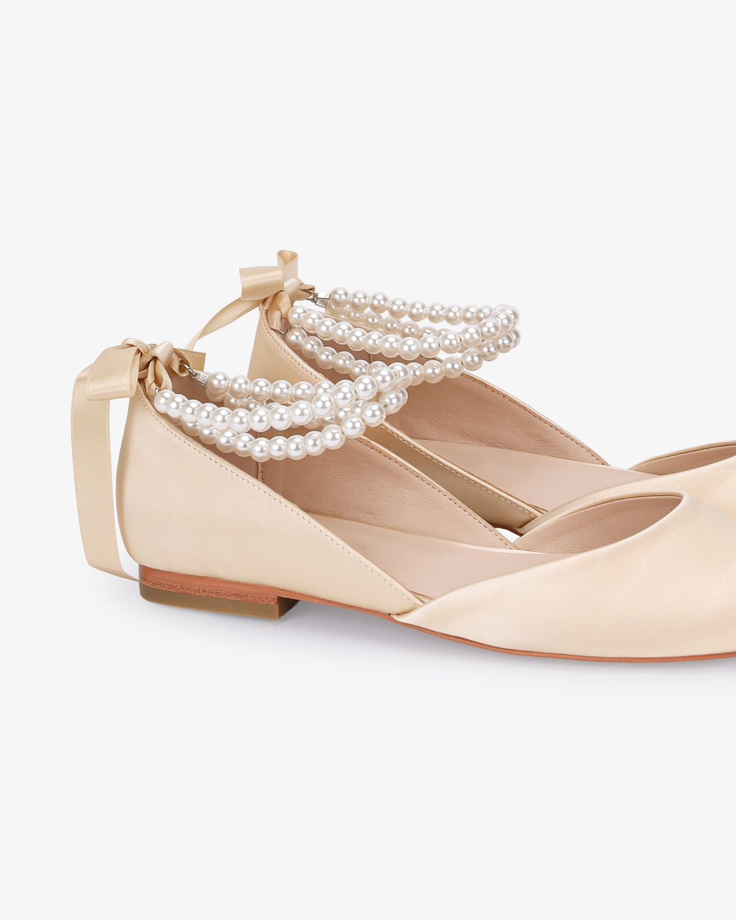 Satin Round Toe Evening Flat with Double Pearls Ankle Strap
