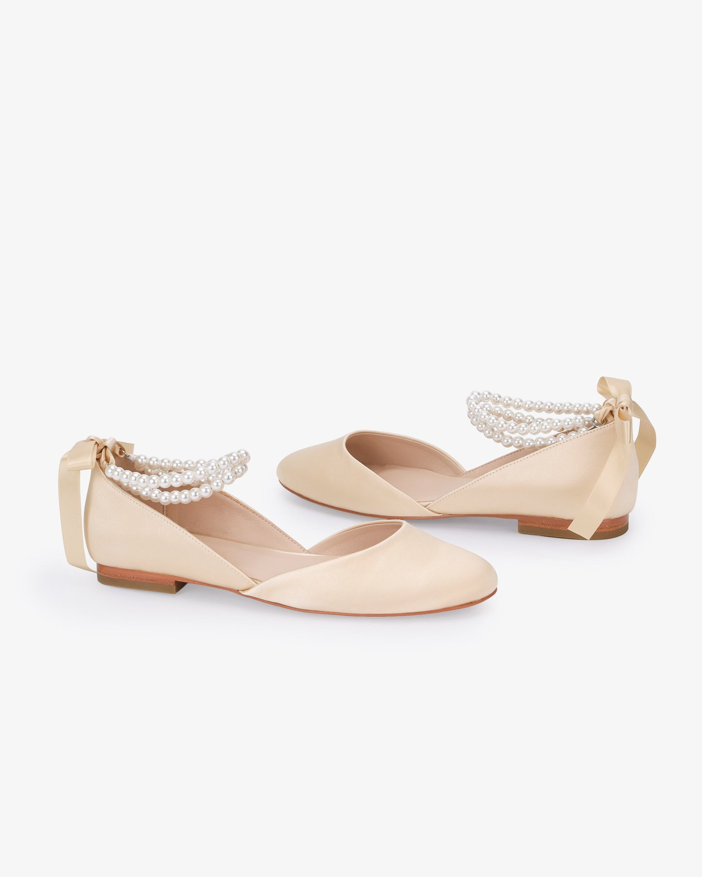 Satin Round Toe Evening Flat with Double Pearls Ankle Strap