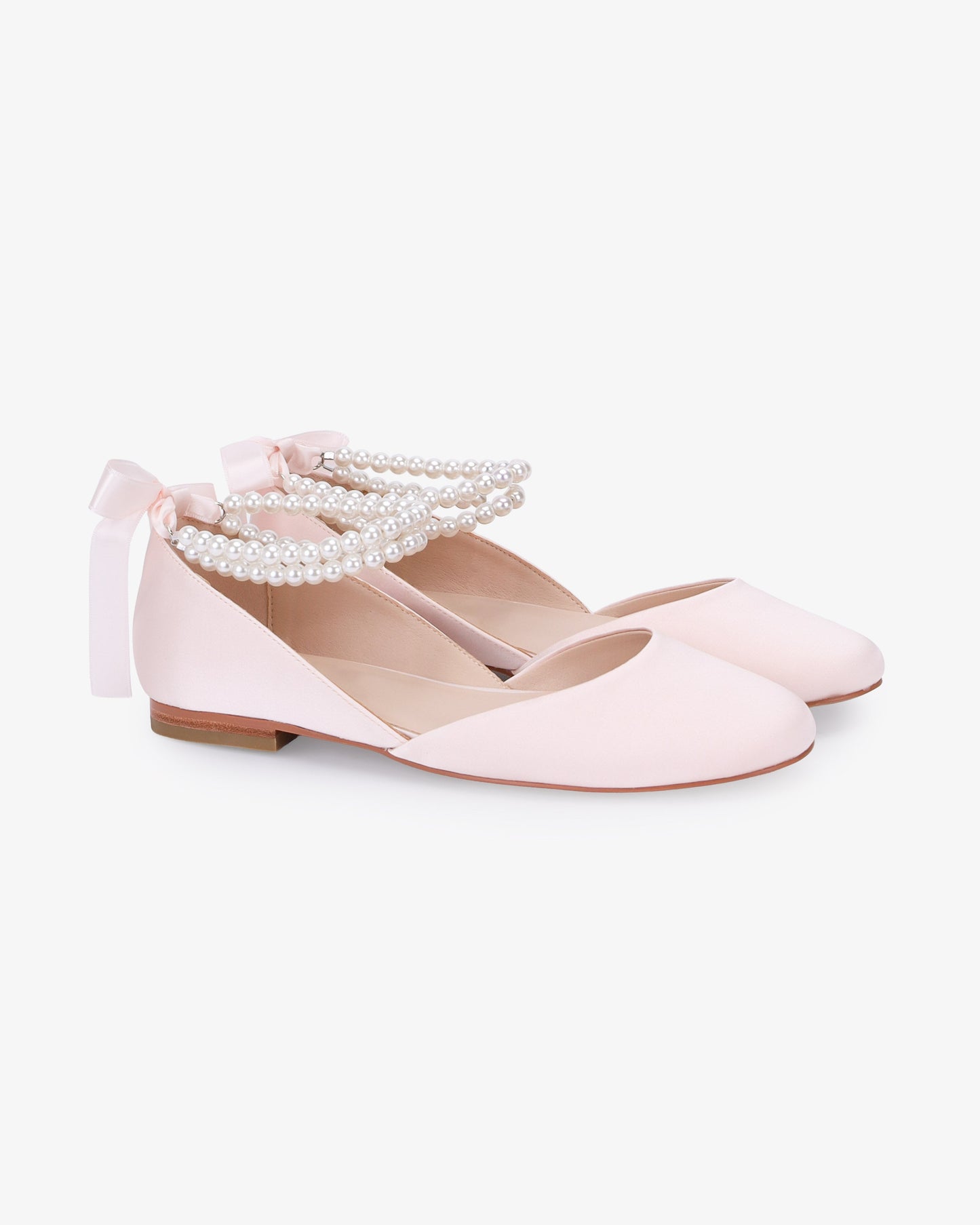Satin Round Toe Evening Flat with Double Pearls Ankle Strap
