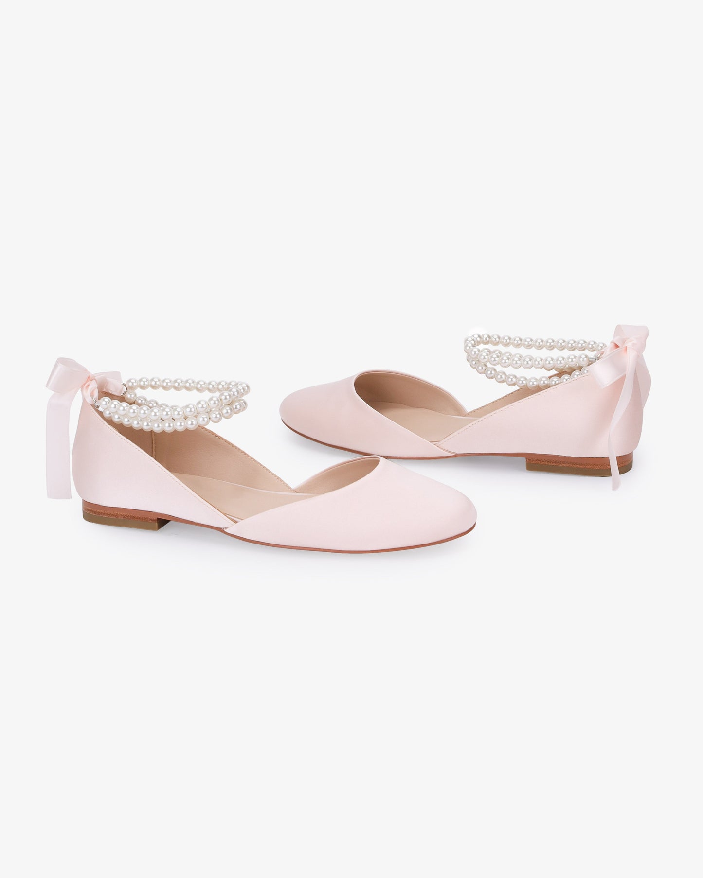 Satin Round Toe Evening Flat with Double Pearls Ankle Strap