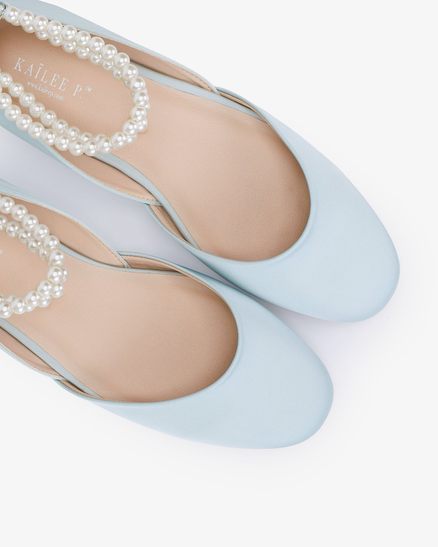 Satin Round Toe Wedding Flat with Double Pearls Ankle Strap
