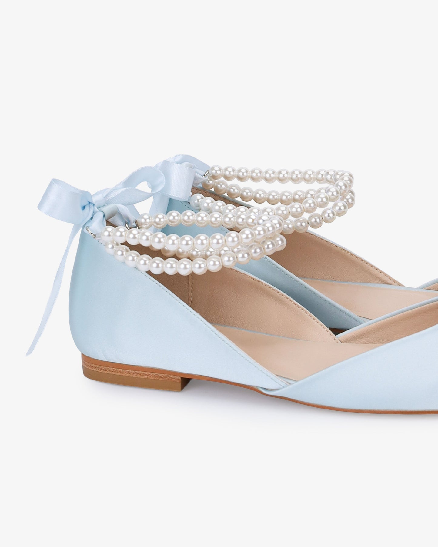 Satin Round Toe Wedding Flat with Double Pearls Ankle Strap