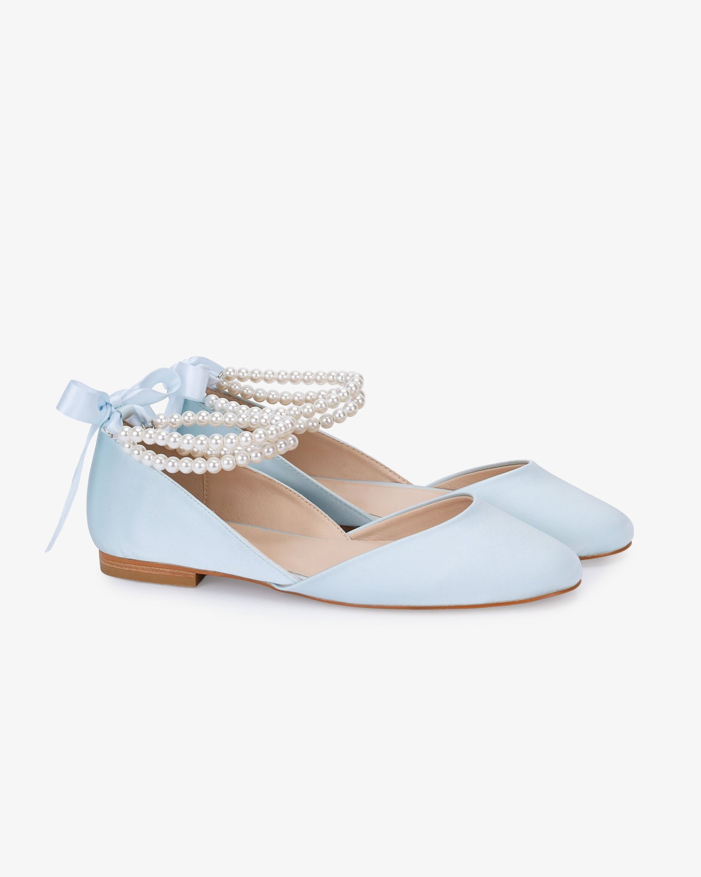 Satin Round Toe Wedding Flat with Double Pearls Ankle Strap