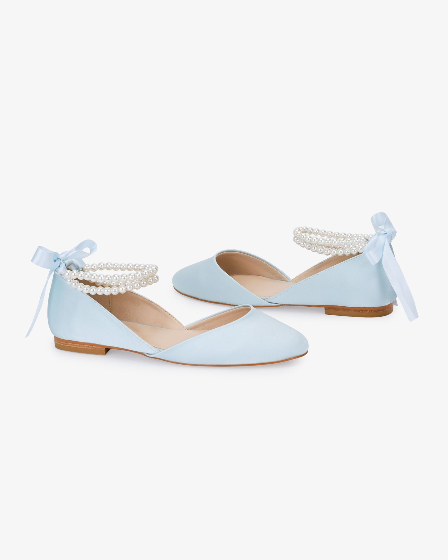 Satin Round Toe Wedding Flat with Double Pearls Ankle Strap