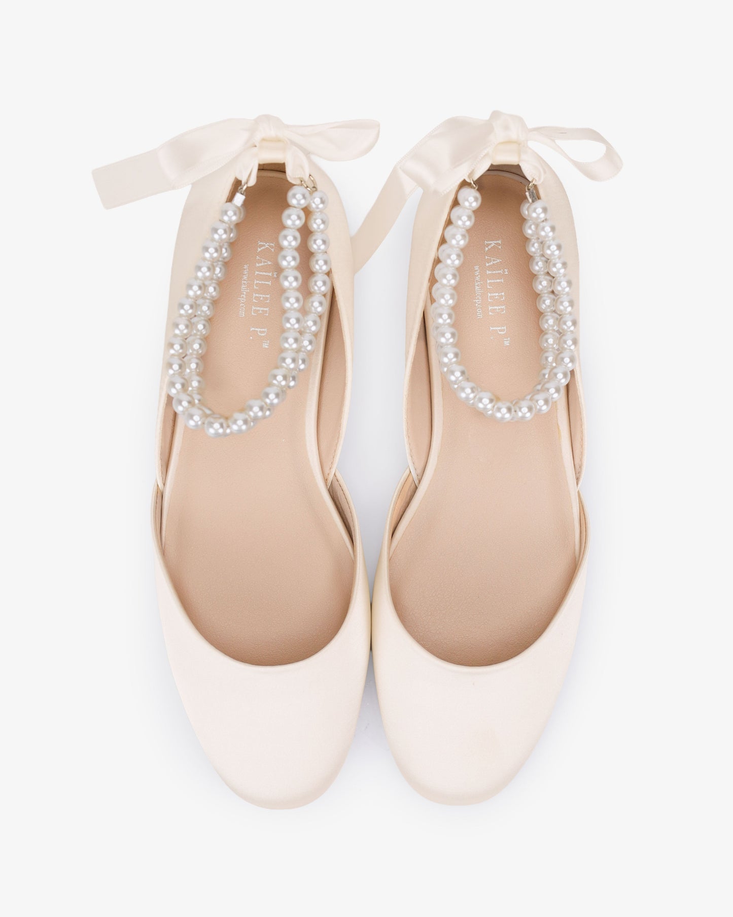 Satin Round Toe Wedding Flat with Double Pearls Ankle Strap