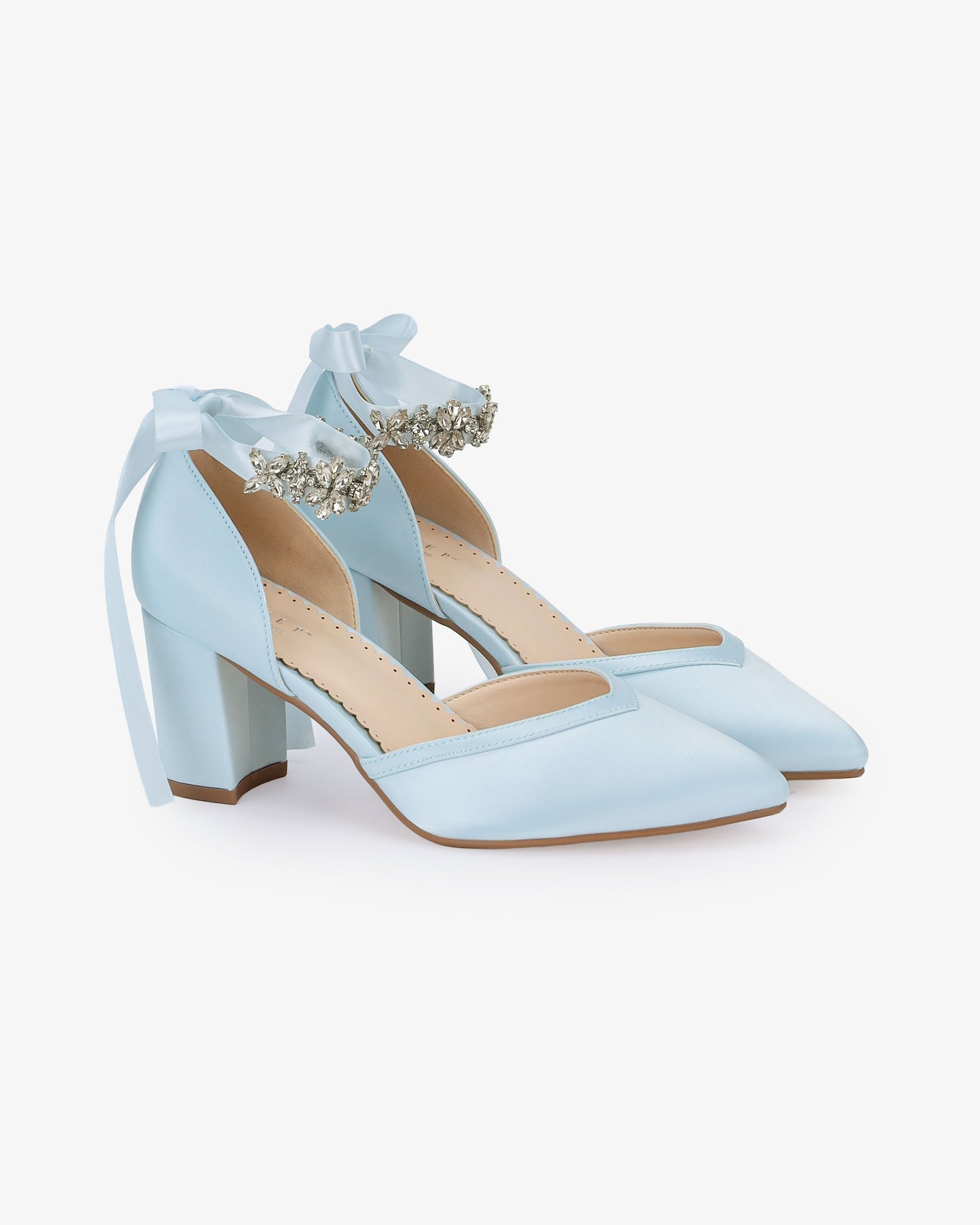 Satin Block Heels Wedding Shoes with Floral Rhinestones Ankle Strap