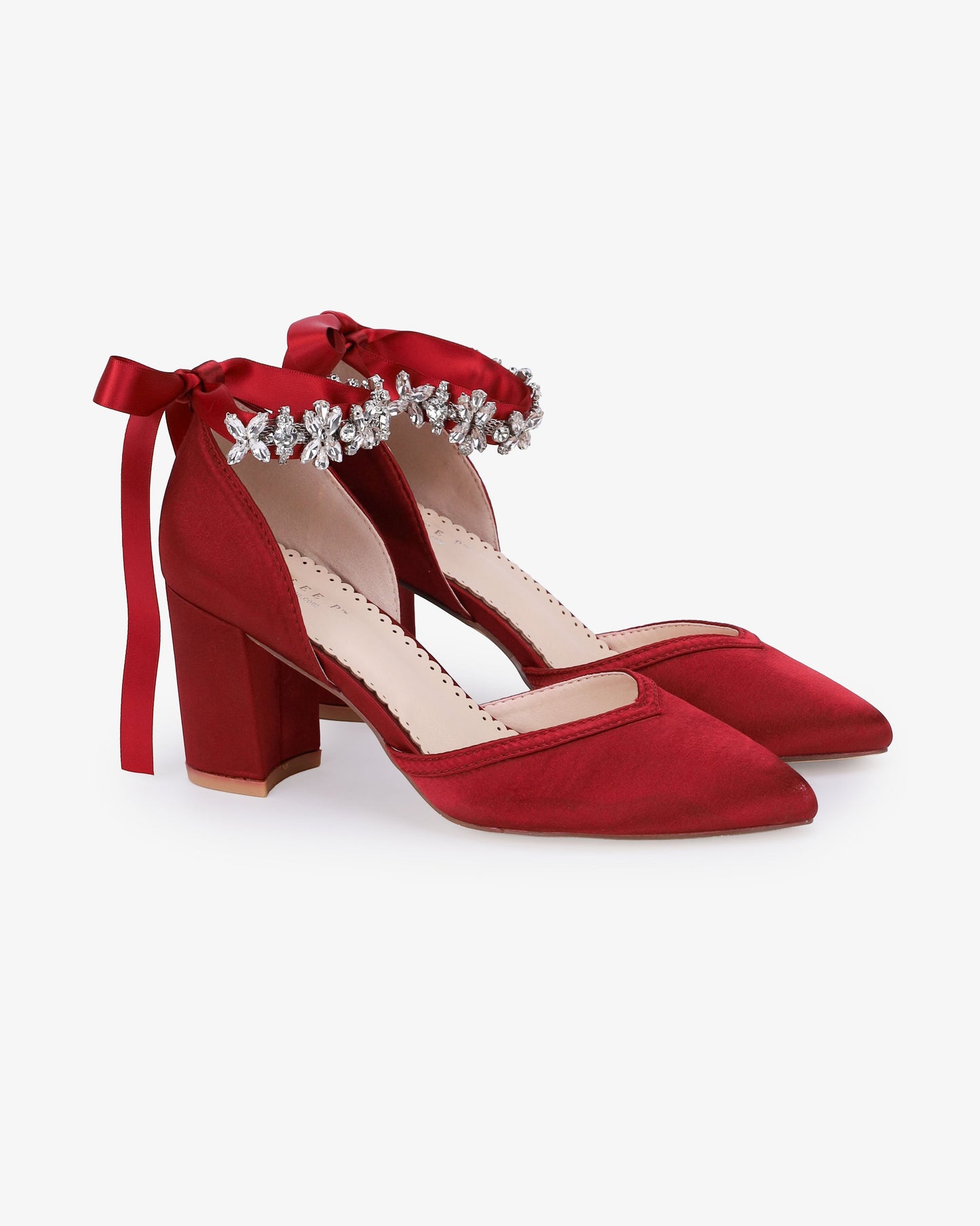 Satin Block Heels Evening Shoes with Floral Rhinestones Ankle Strap