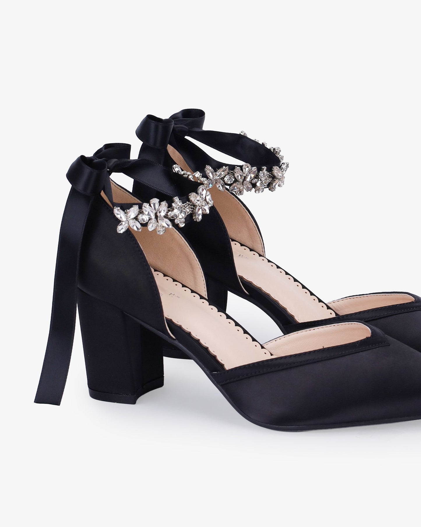 Satin Block Heels Evening Shoes with Floral Rhinestones Ankle Strap