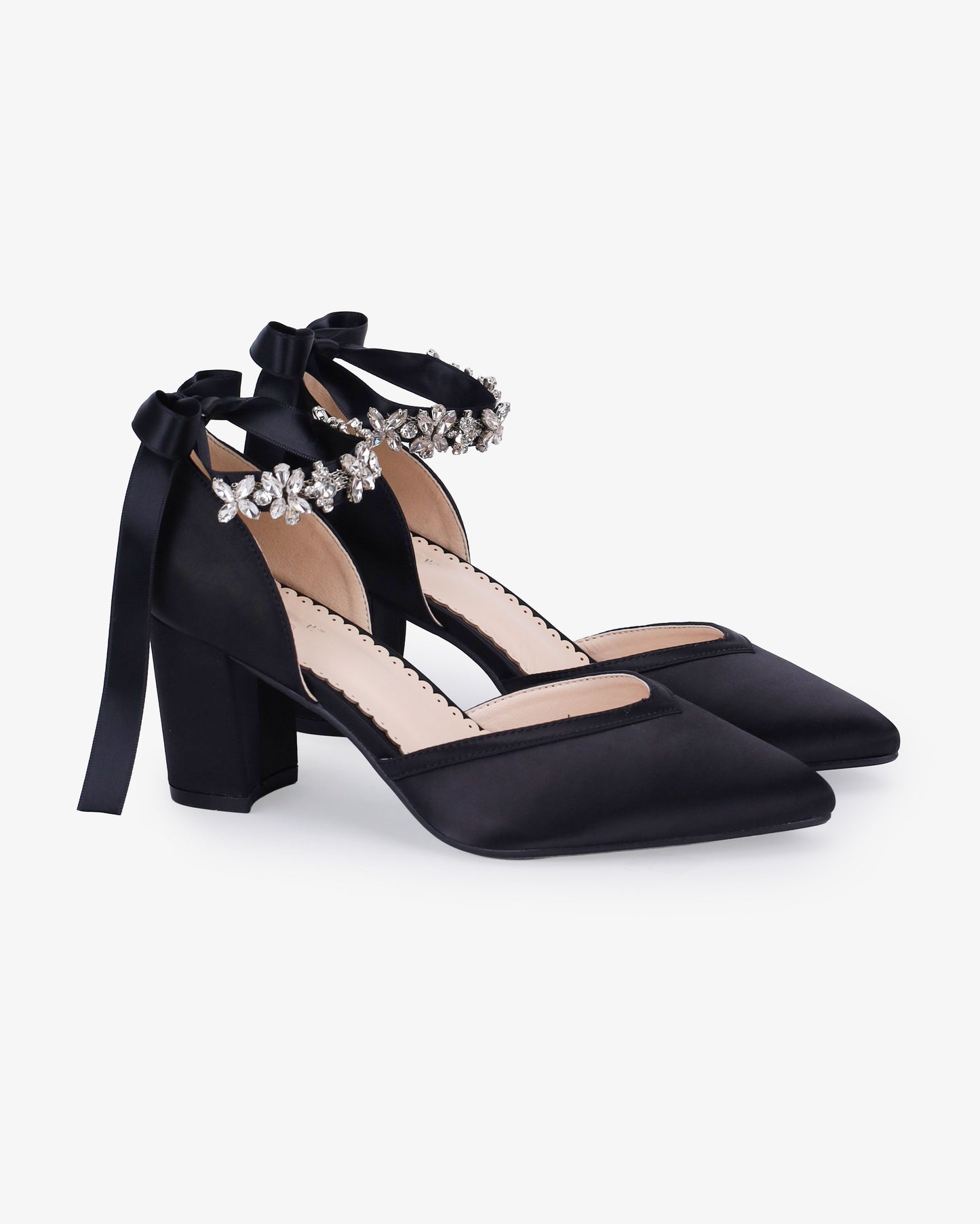 Satin Block Heels Evening Shoes with Floral Rhinestones Ankle Strap