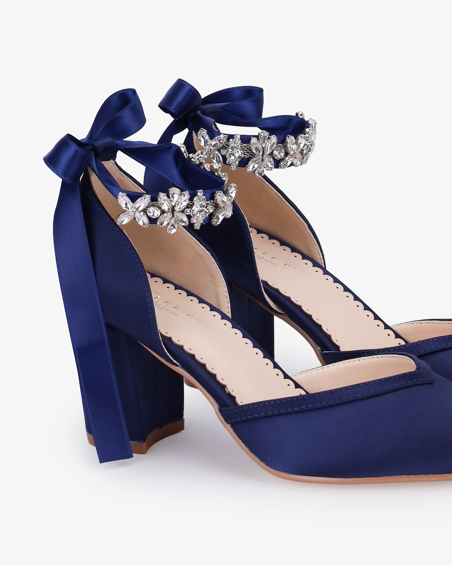 Satin Block Heels Evening Shoes with Floral Rhinestones Ankle Straps