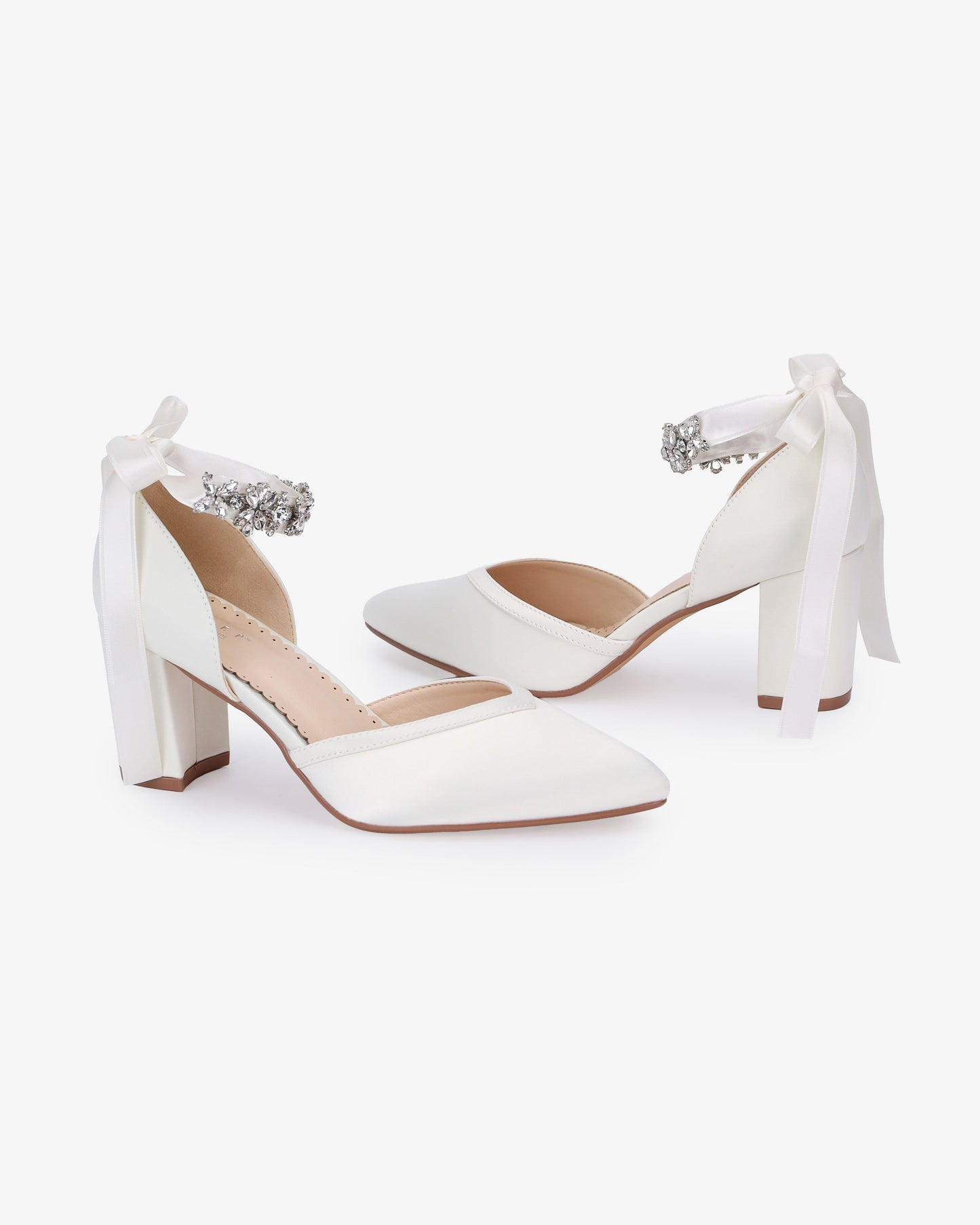 Satin Block Heels Wedding Shoes with Floral Rhinestones Ankle Strap