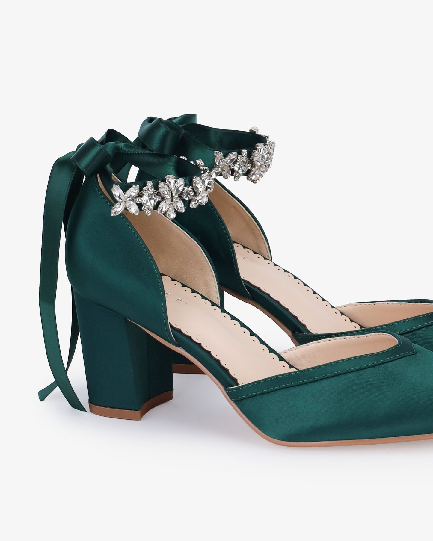 Satin Block Heels Evening Shoes with Floral Rhinestones Ankle Strap