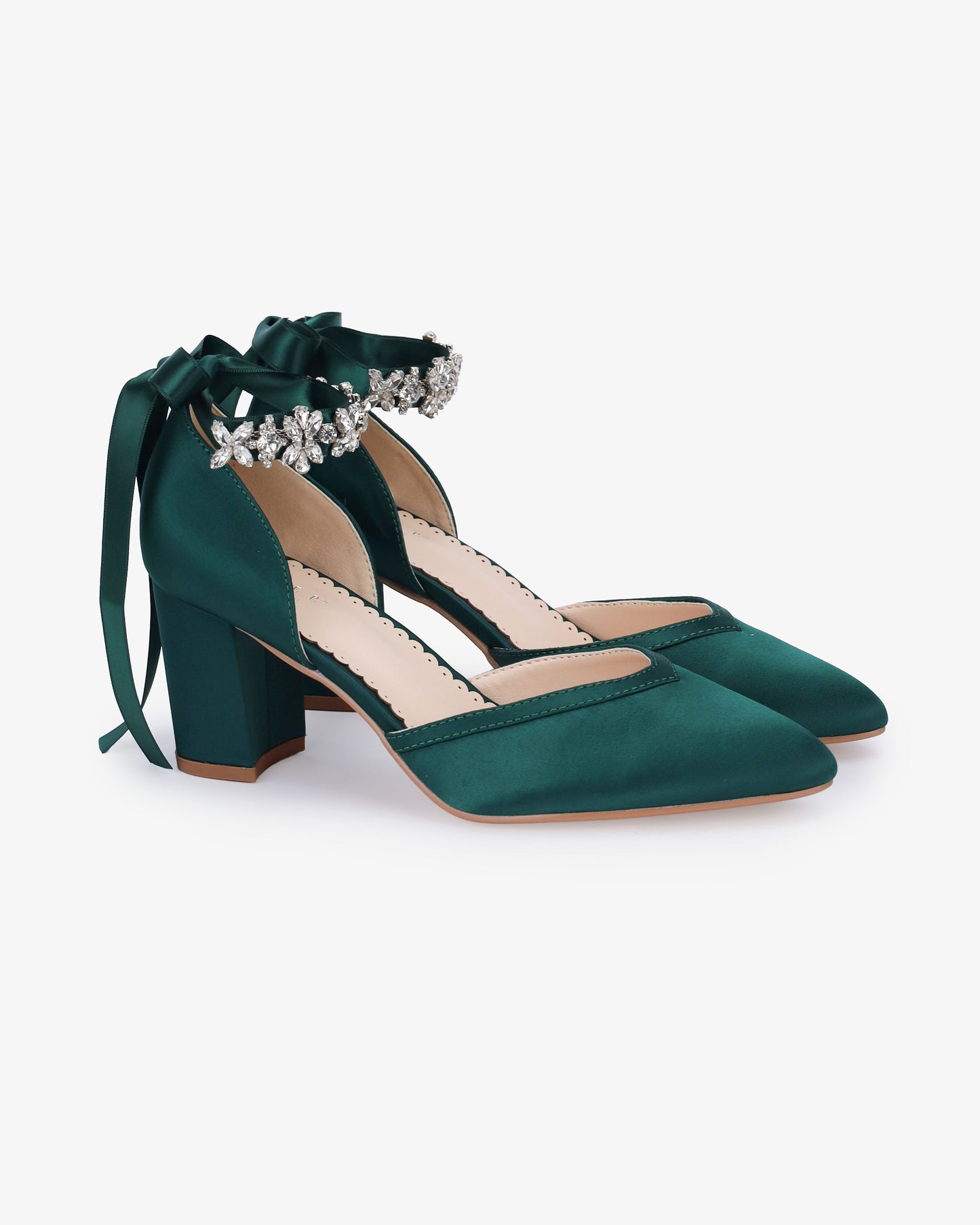 Satin Block Heels Evening Shoes with Floral Rhinestones Ankle Strap