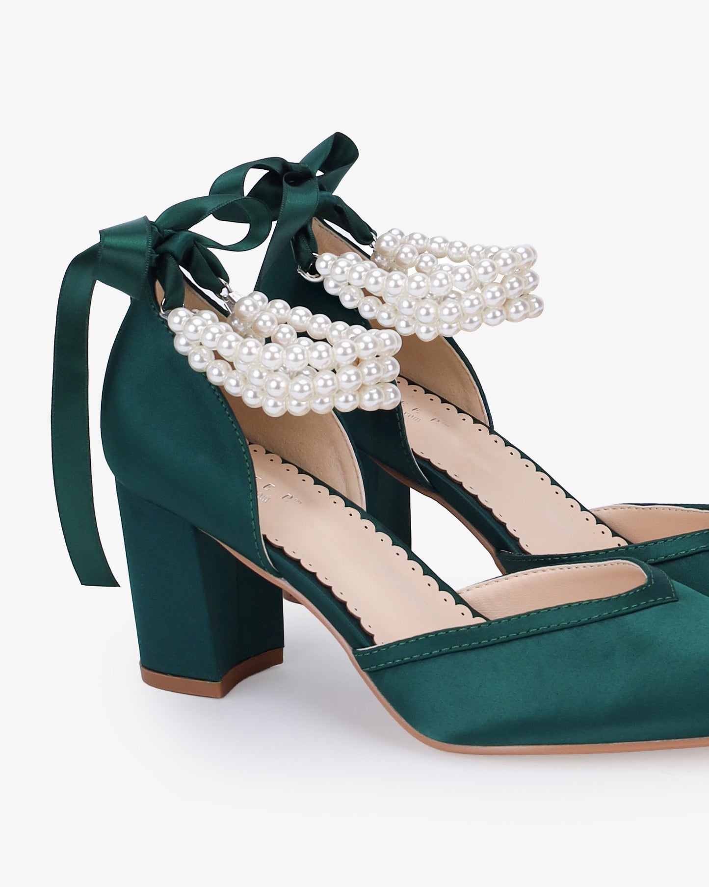 Satin Block Heels Evening Shoes with Trinity Pearls Wrap