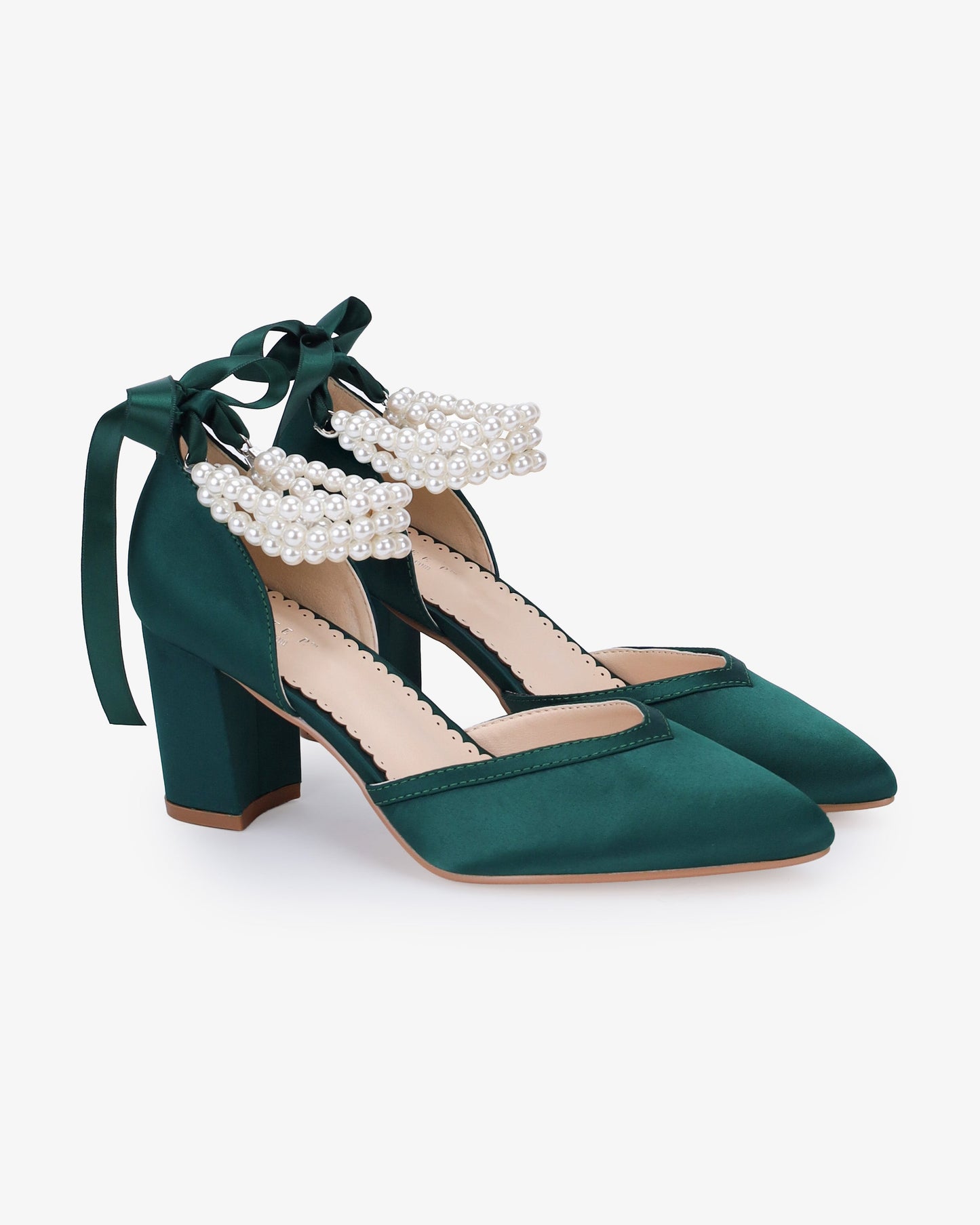 Satin Block Heels Evening Shoes with Trinity Pearls Wrap
