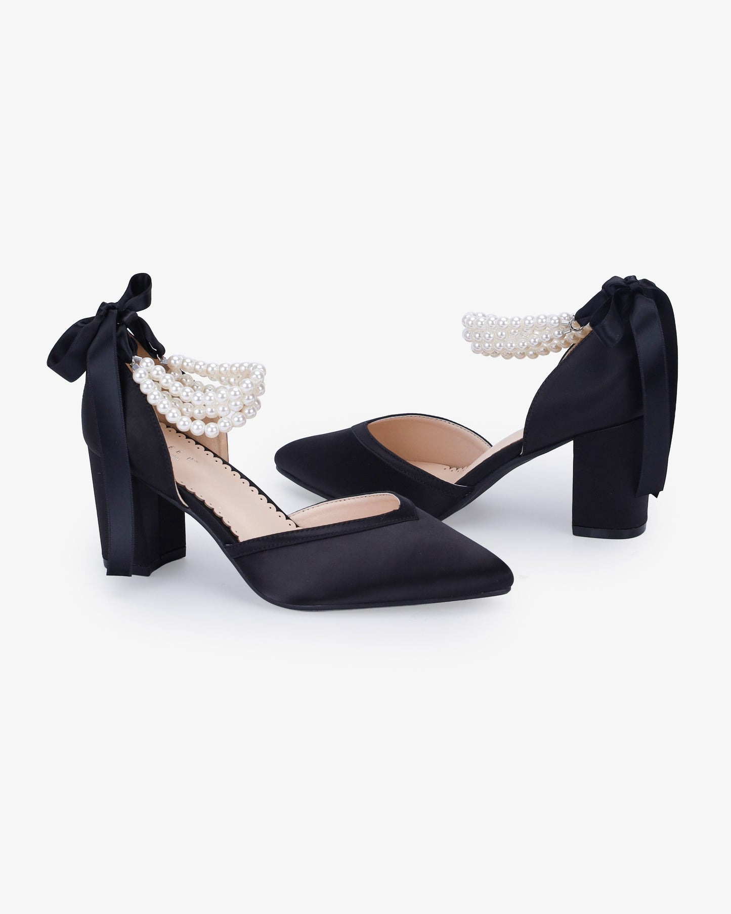 Satin Block Heels Evening Shoes with Trinity Pearls Wrap
