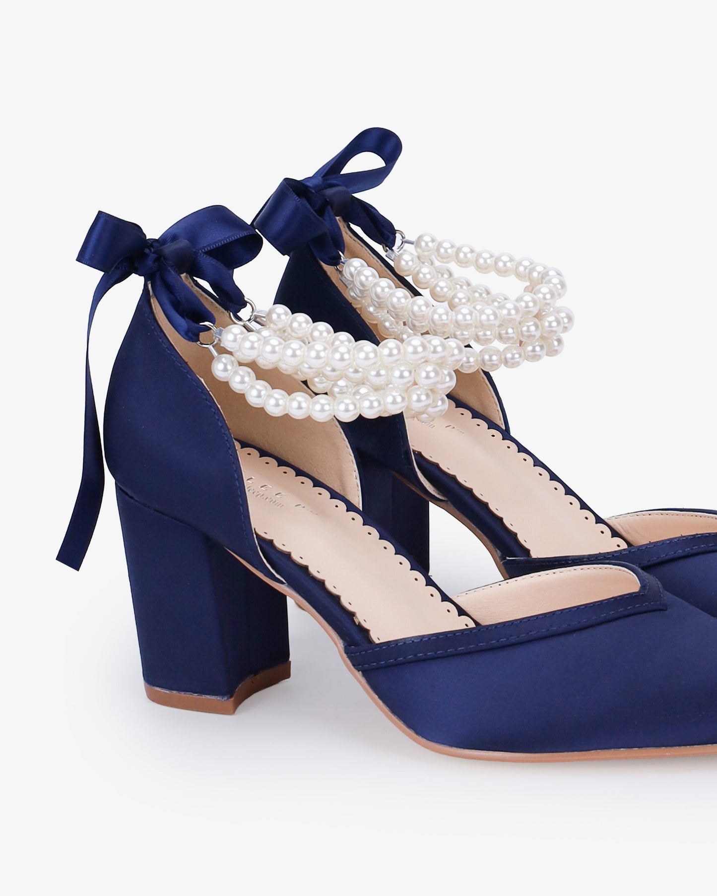Satin Block Heels Evening Shoes with Trinity Pearls Wrap