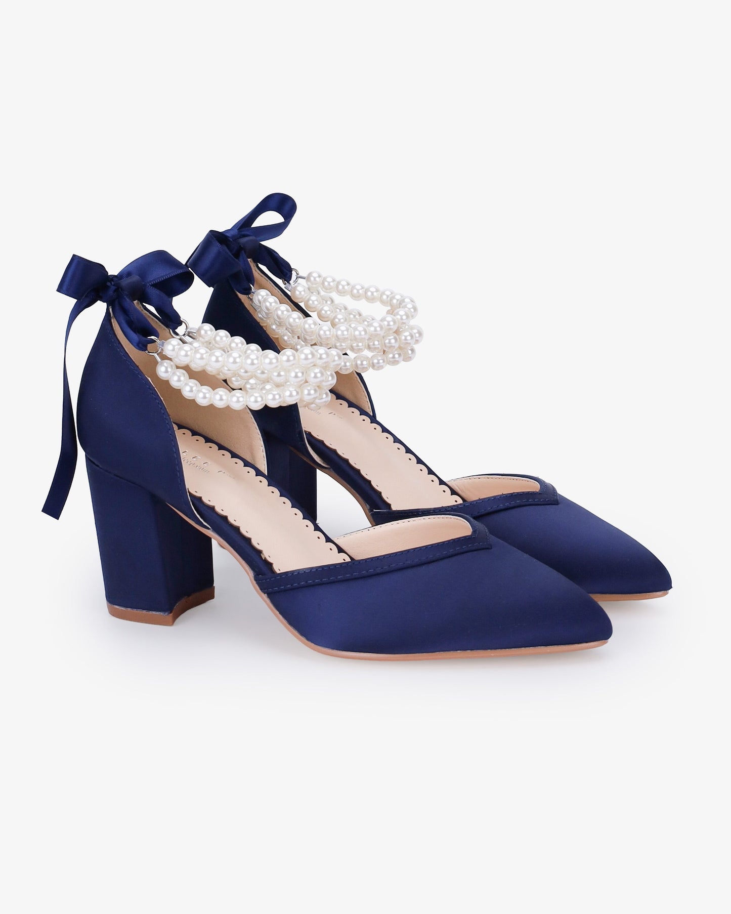 Satin Block Heels Evening Shoes with Trinity Pearls Wrap
