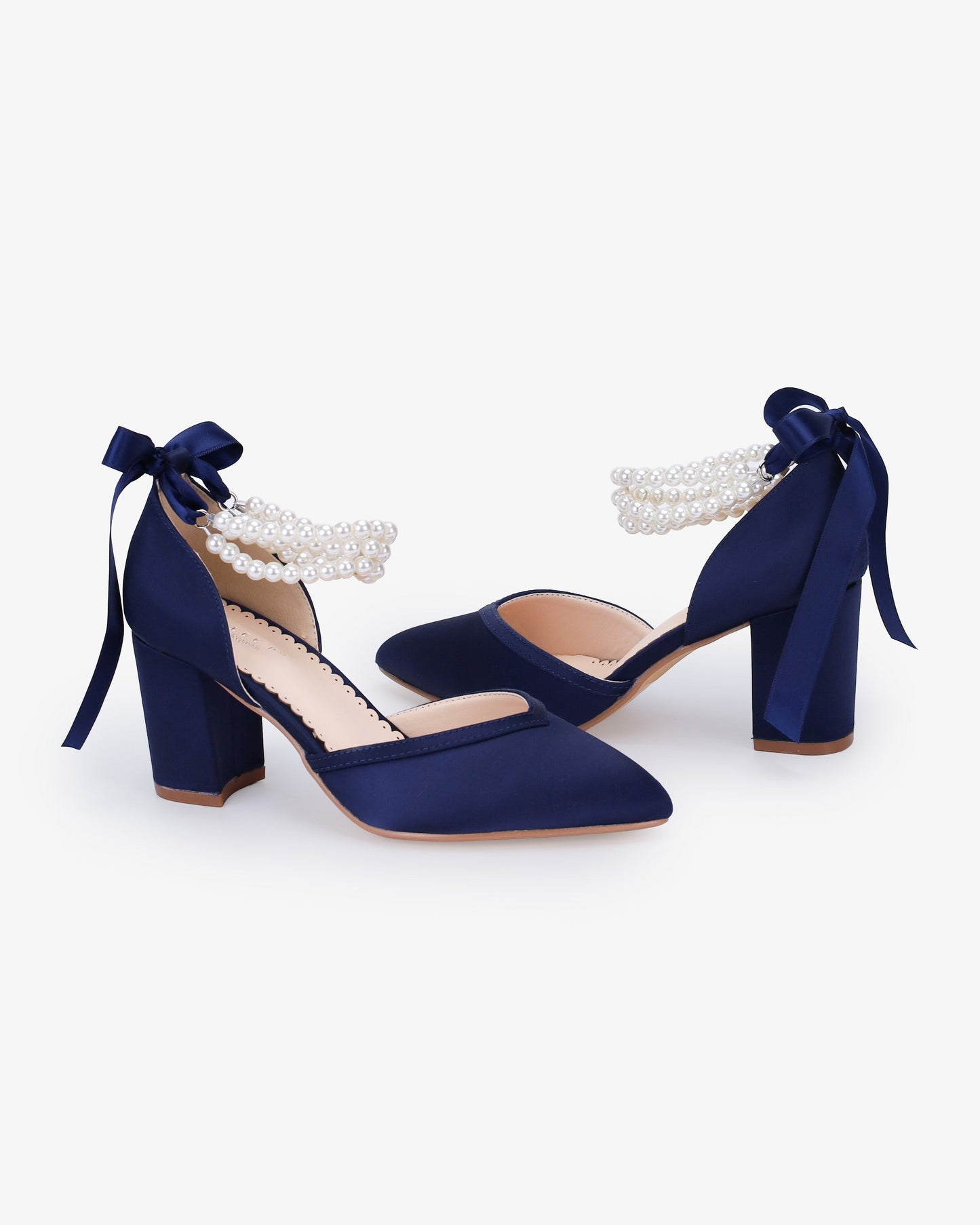Satin Block Heels Evening Shoes with Trinity Pearls Wrap