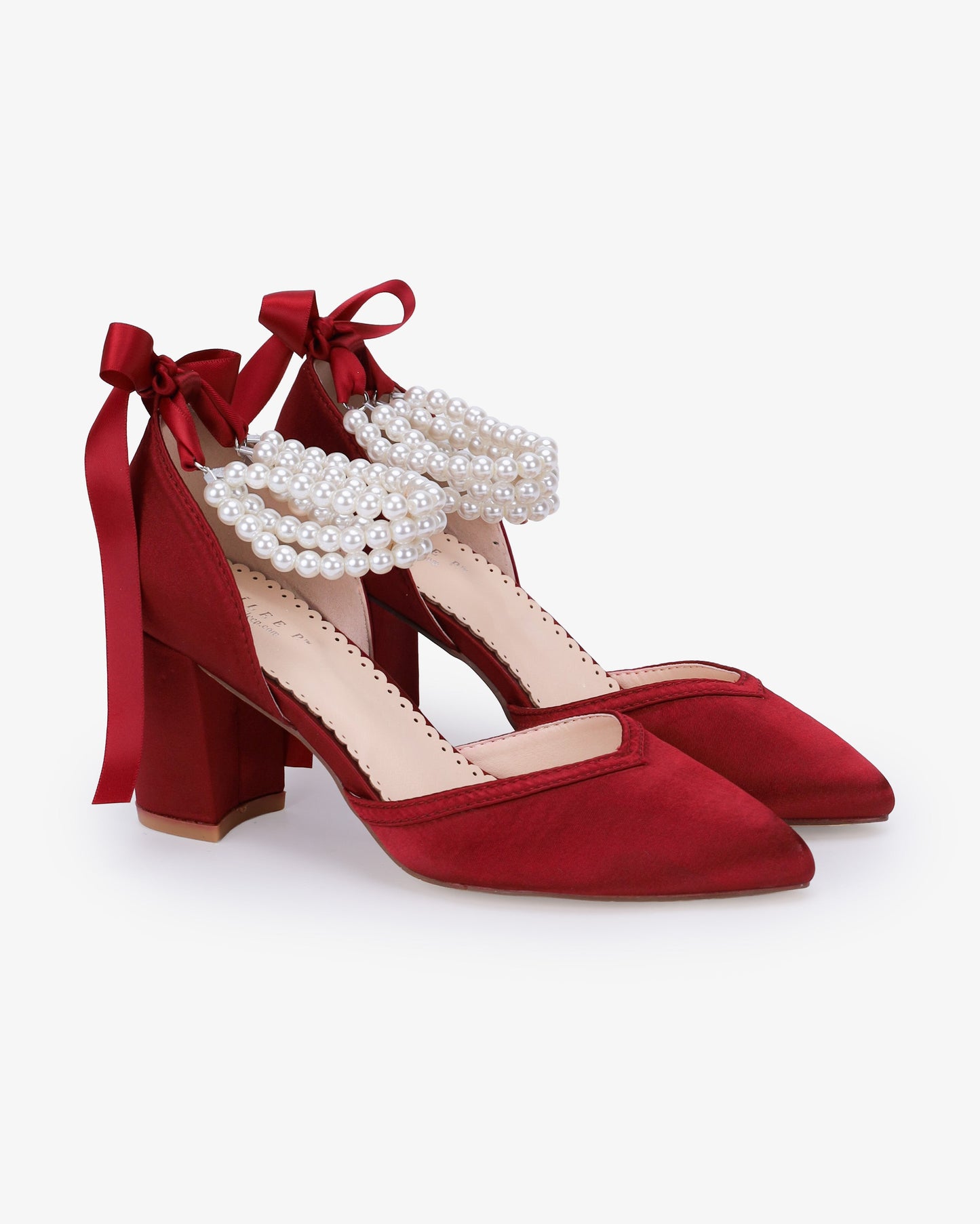 Satin Block Heels Evening Shoes with Trinity Pearls Wrap