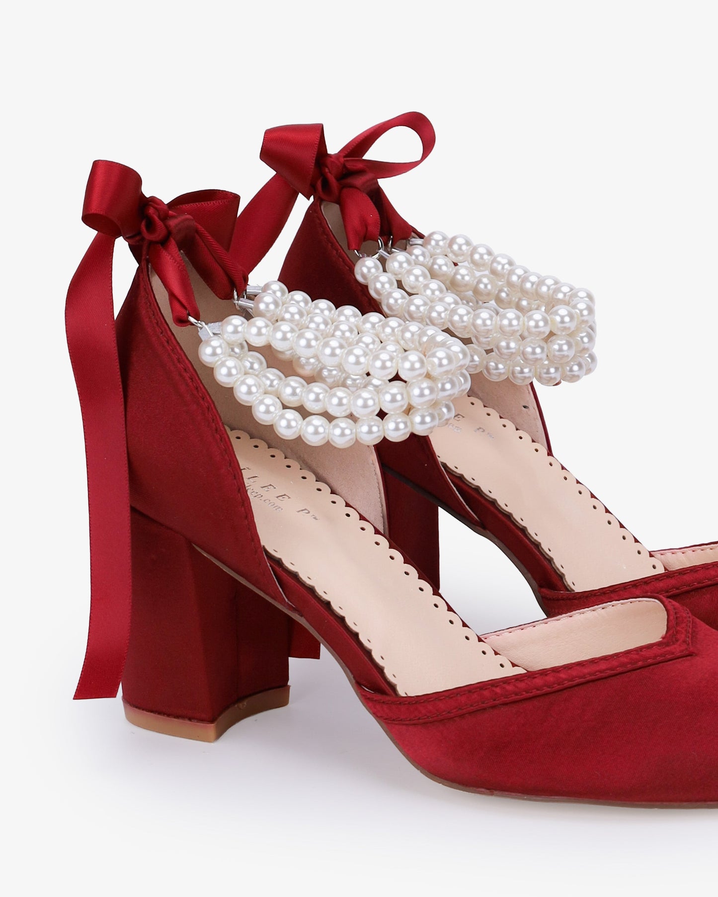 Satin Block Heels Evening Shoes with Trinity Pearls Wrap