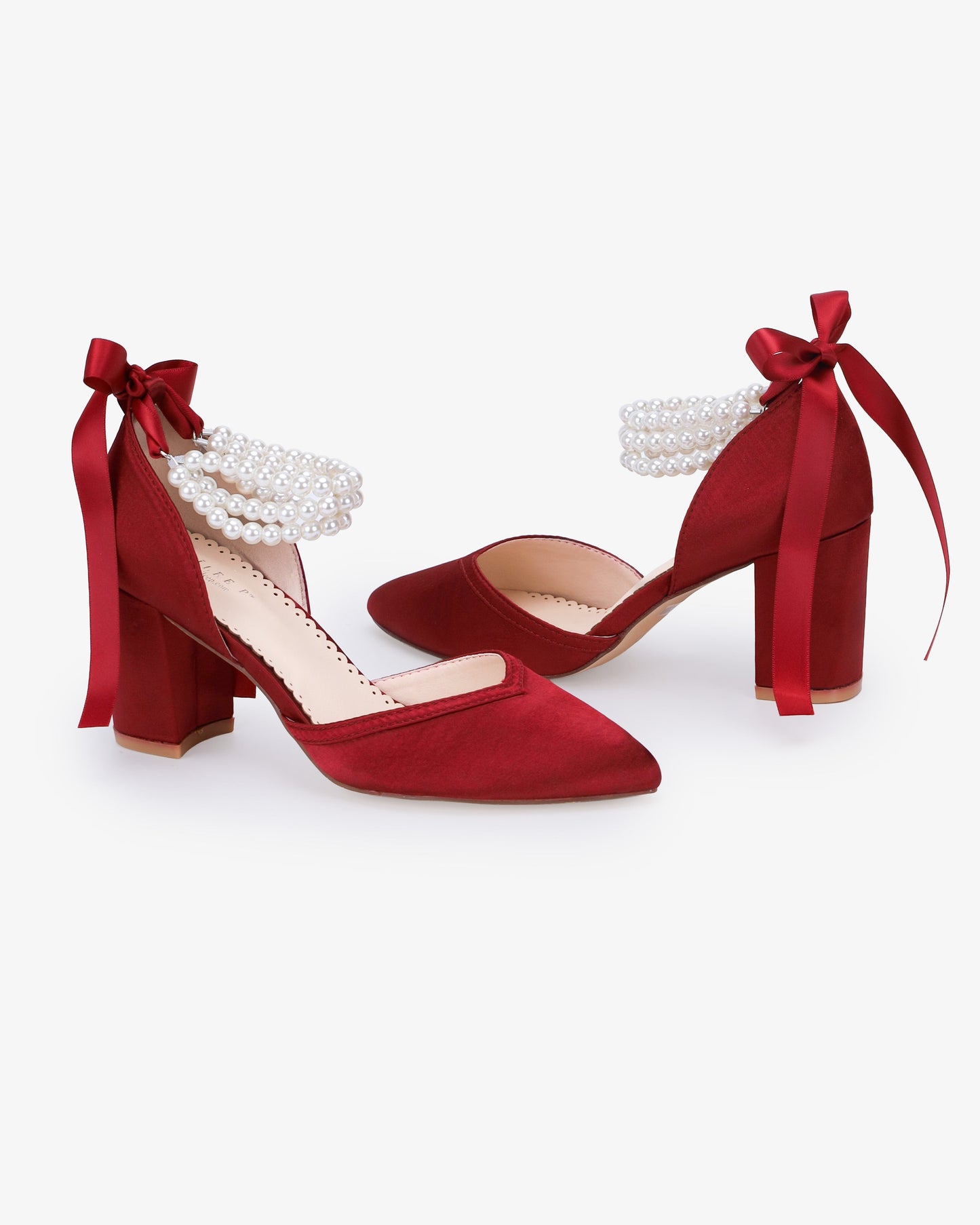 Satin Block Heels Evening Shoes with Trinity Pearls Wrap