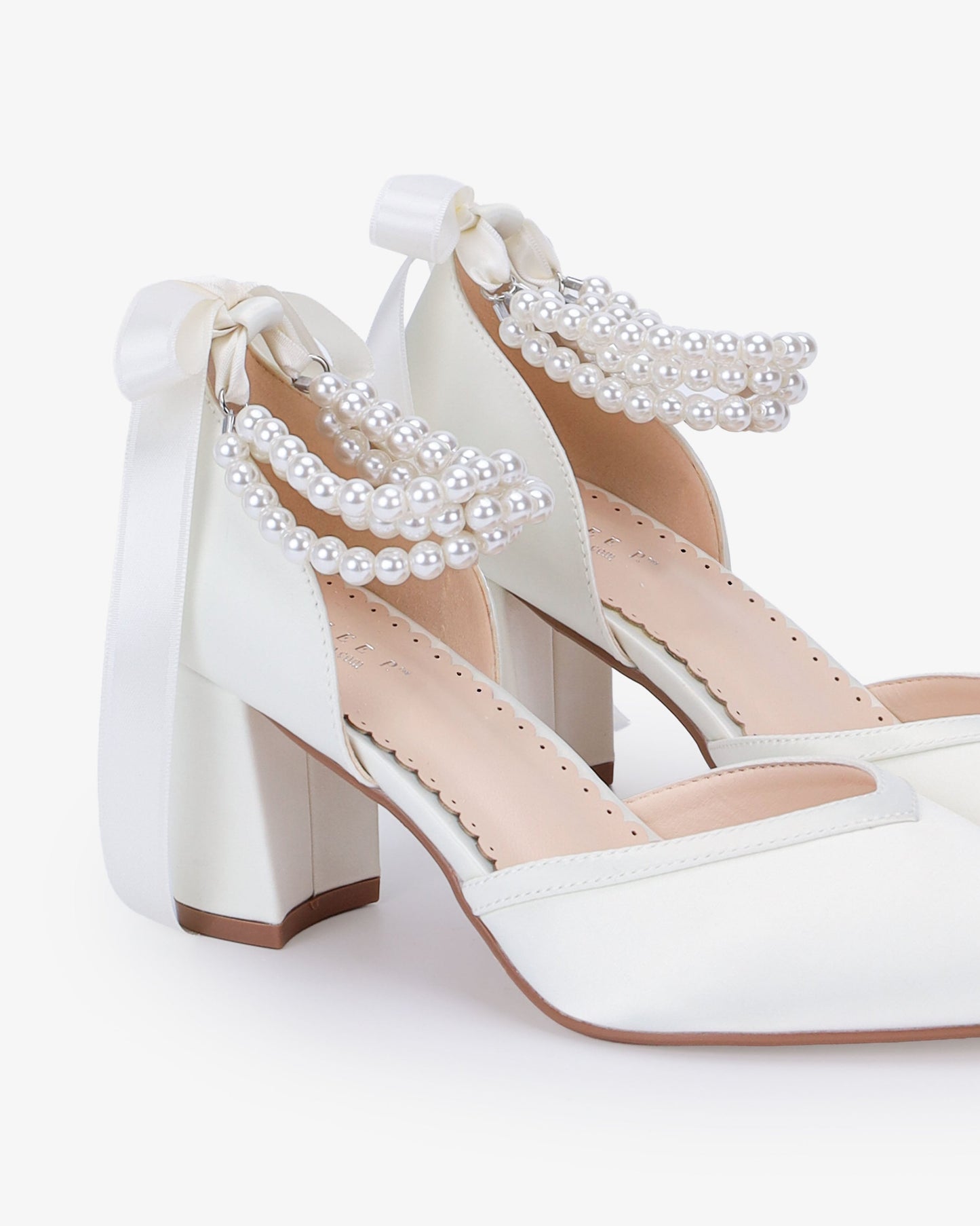 Satin Block Heels Wedding Shoes with Trinity Pearls Wrap