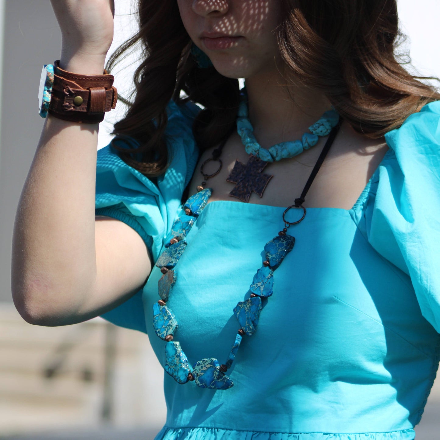 Turquoise Regalite Slab Necklace with Leather Ties 229h