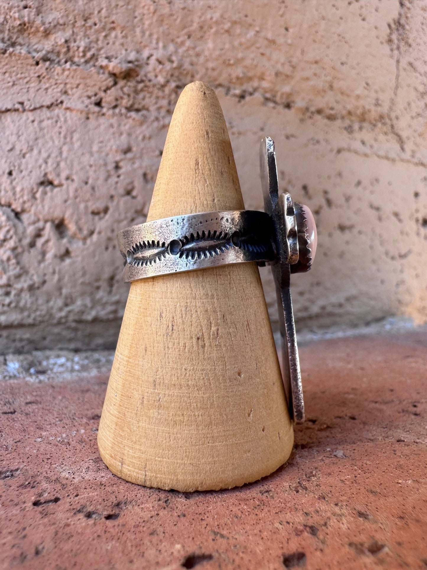 Handcrafted Queen Pink Conch & Sterling Silver Adjustable Cross Ring by Kevin Billah