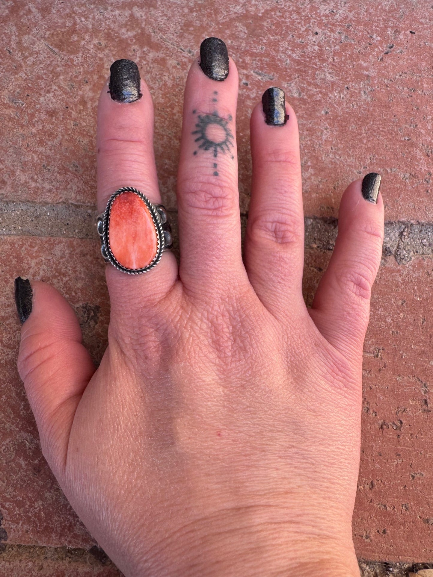 Handcrafted Sterling Silver And Orange Spiny TearDrop Ring Size 6.5