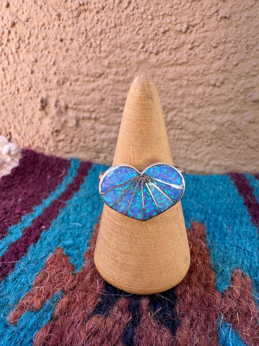 Handcrafted Sterling Silver & Blue Fire Opal Inlay Heart Ring
