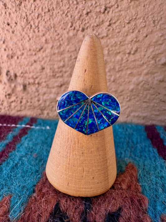 Handcrafted Sterling Silver & Royal Blue Fire Opal Inlay Heart Ring size 8.5