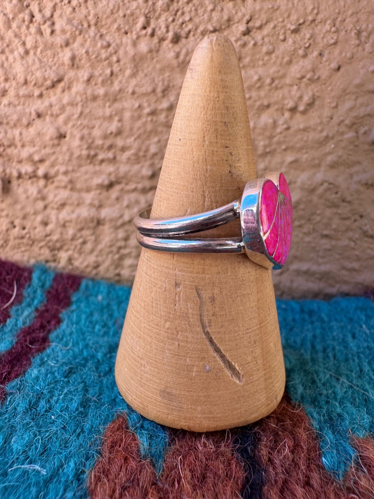Handcrafted Sterling Silver & Hot Pink Fire Opal Inlay Heart Ring size 8.5