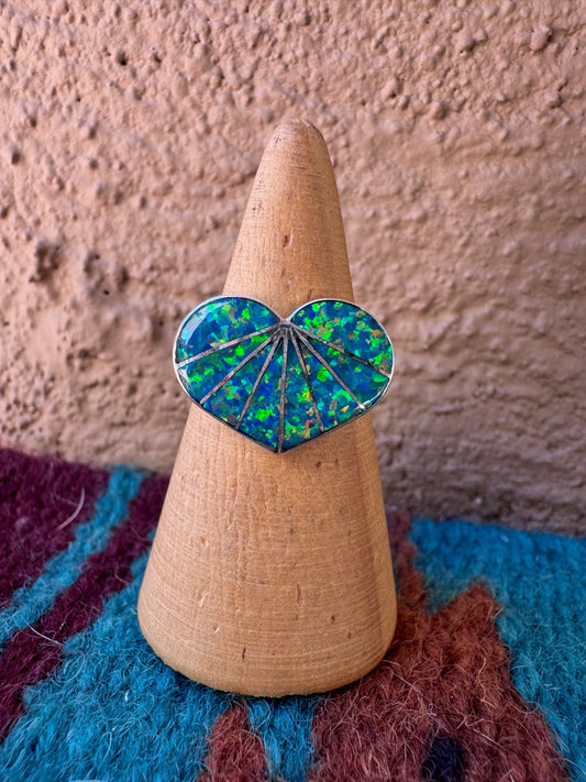 Handcrafted Sterling Silver & Green Fire Opal Inlay Heart Ring