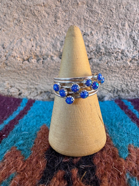 Handcrafted Sterling Silver & Royal Blue Fire Opal 5 Stacker Ring Size 7.5