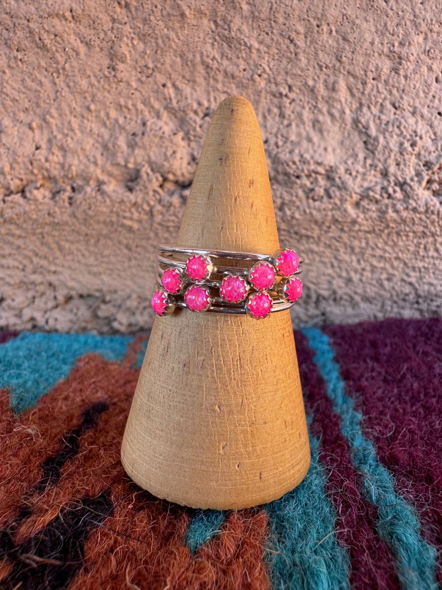 Handcrafted Sterling Silver & Hot Pink Fire Opal 5 Stacker Ring Size 7.5